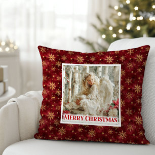 Angelic Angel Poinsettia Red Gold Festive Christma Throw Pillow