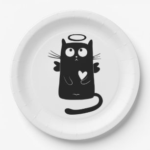 Angelic black cat cartoon paper plate