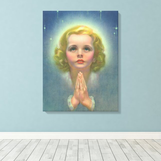 Angelic Blonde Girl with Halo and Stars Praying Canvas Print (Insitu(Wood Floor))