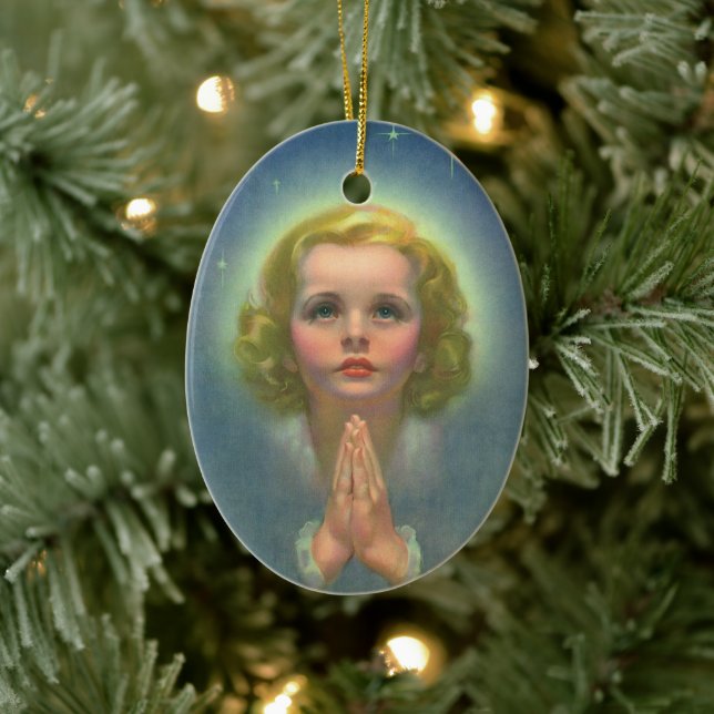 Angelic Blonde Girl with Halo and Stars Praying Ceramic Ornament (Tree)