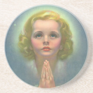 Angelic Blonde Girl with Halo and Stars Praying Coaster