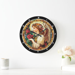 Angelic Bloom Stained Glass Floral Large Clock