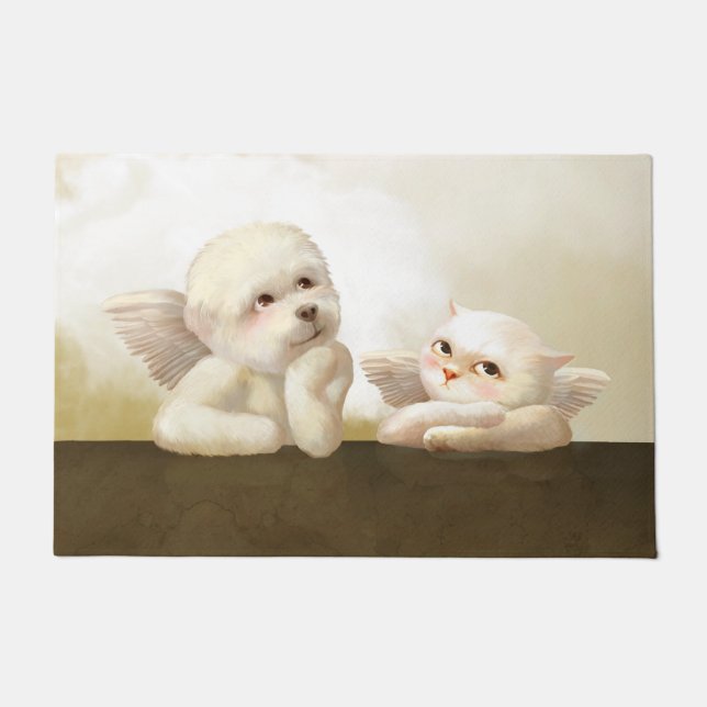 Angelic Dog and Cat on Cloud Doormat (Front)
