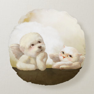 Angelic Duo: Smiling Bichon & Bao Bao Cloud Round Pillow