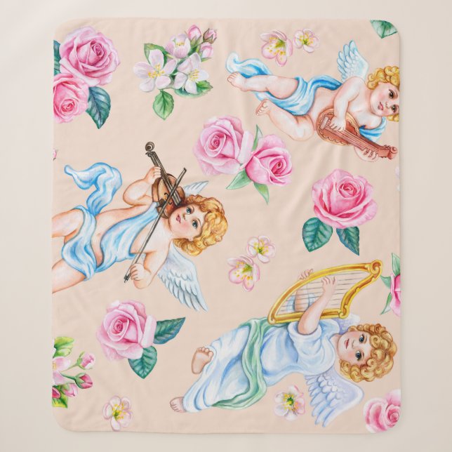 Angelic Florals: Vintage Cupid Pattern Sherpa Blanket (Front)