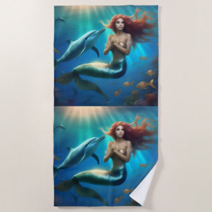 Angelic Mermaid Swimming With Dolphins, Beach Towel