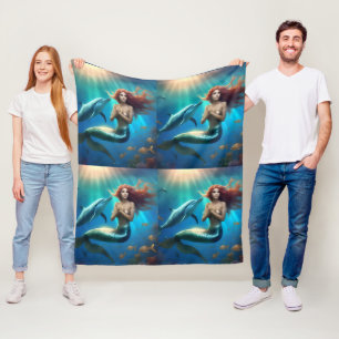Angelic Mermaid Swimming With Dolphins, Fleece Blanket