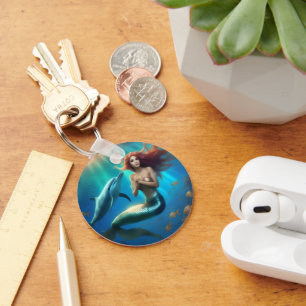 Angelic Mermaid Swimming With Dolphins, Keychain