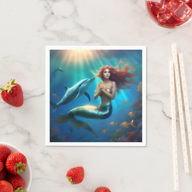 Angelic Mermaid Swimming With Dolphins, Napkin (Insitu)