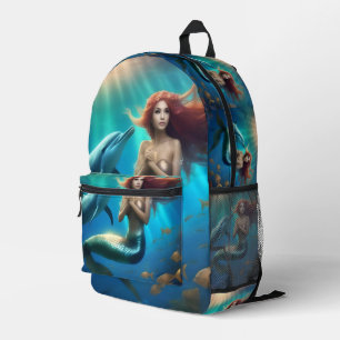 Angelic Mermaid Swimming With Dolphins, Printed Backpack