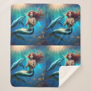 Angelic Mermaid Swimming With Dolphins, Sherpa Blanket