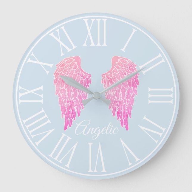 Angelic Pink Angel Wings & Light Blue Large Clock (Front)