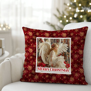 Angelic Victorian Angel Red Gold Festive Christmas Throw Pillow