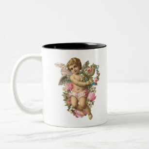 Angelic Vintage Cherub with Daisies & Pink roses Two-Tone Coffee Mug