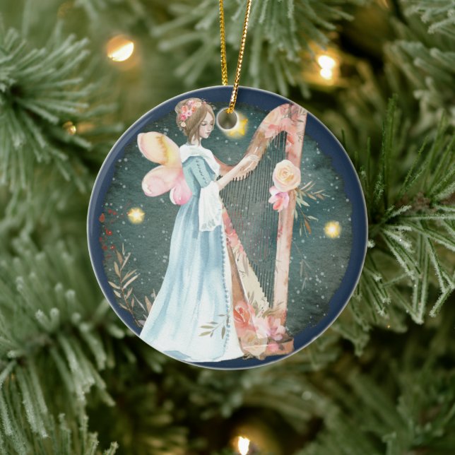 Angelic Winter Music Playing Angel     Ceramic Ornament (Tree)