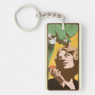 Angelo Jank Art Nouveau Woman with Green Parrot Keychain