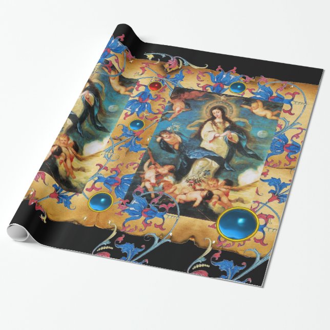 ANGELS AND VIRGIN PARCHMENT,RED BLUE FLOWERS,GEMS WRAPPING PAPER (Unrolled)