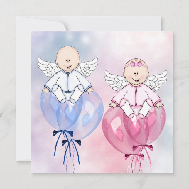 Angels Balloons Pink and Blue Reveal Invitation (Front)