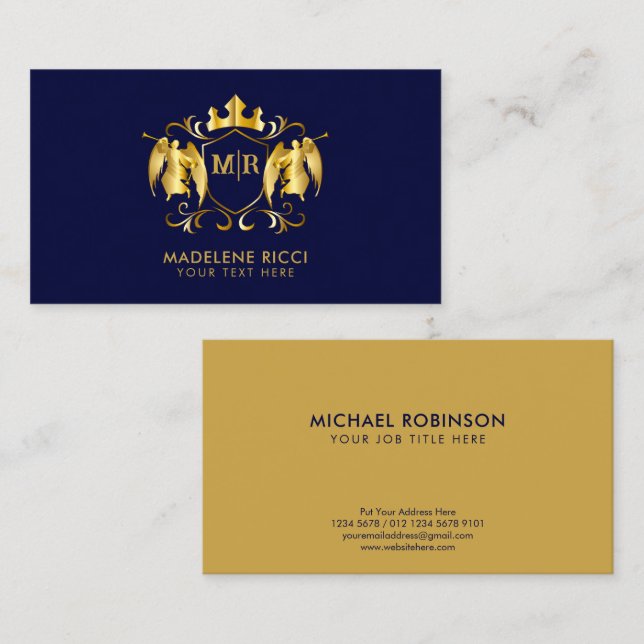 Angels Crest | Luxurious Gold Initial on Navy Blue Business Card (Front/Back)