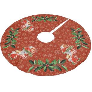 Angels Decorating Red   Gold Snowflakes Brushed Polyester Tree Skirt