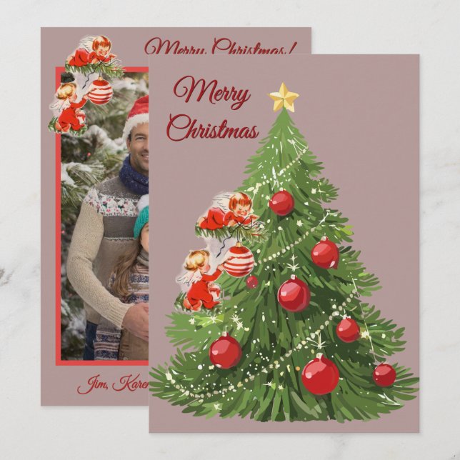 Angels Decorating the Tree Simple Holiday Card (Front/Back)