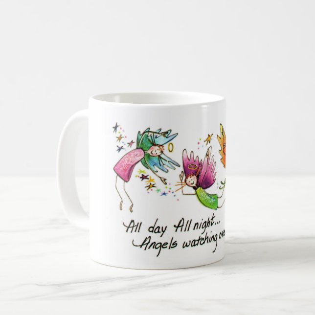 Angels Flying Happily “All Day” Watercolor Sketch Coffee Mug (Front Left)