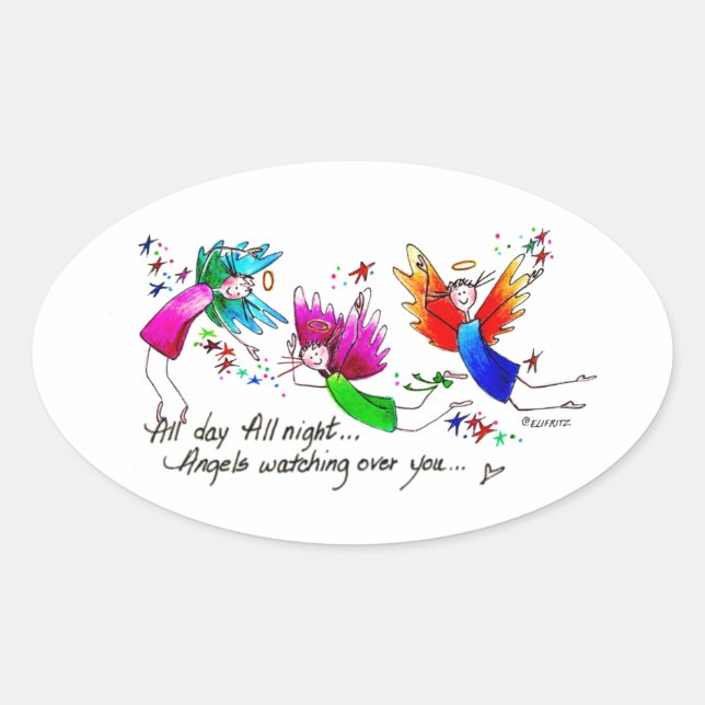 Angels Flying Happily “All Day” Watercolor Sketch Oval Sticker (Front)