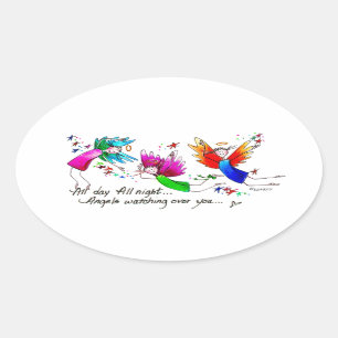 Angels Flying Happily “All Day” Watercolor Sketch Oval Sticker