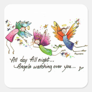 Angels Flying Happily “All Day” Watercolor Sketch  Square Sticker
