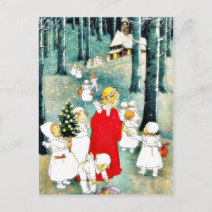 Angels going to shed with gifts holiday postcard