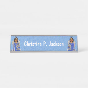 Angels Holding White Cat Angels on Cloud Blue Desk Name Plate