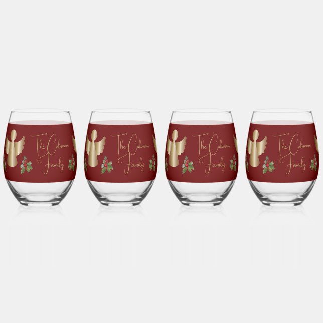 Angels & Holly Personalized Christmas  Stemless Wine Glass (Front)