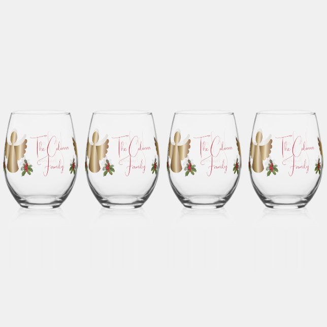 Angels & Holly Personalized Drinkware Set Stemless Wine Glass (Front)