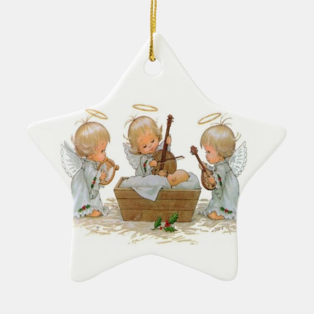 Angels in Manger Ceramic Ornament (Front)