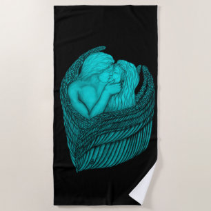Angels Kissing , black and green Design Beach Towel
