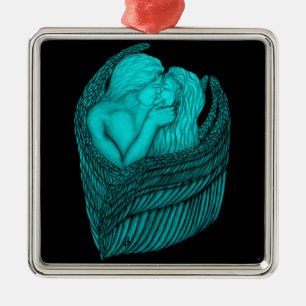 Angels Kissing , black and green Design Metal Ornament