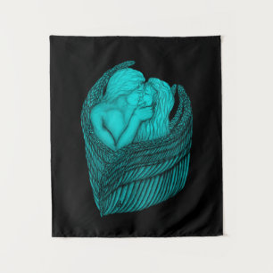 Angels Kissing , black and green Design Tapestry