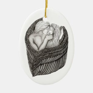Angels Kissing , black and white Design Ceramic Ornament