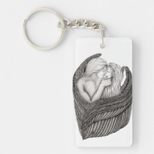Angels Kissing , black and white Design Keychain