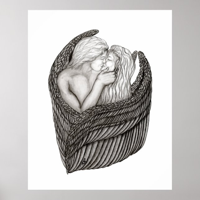 Angels Kissing , black and white Design Poster (Front)