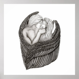 Angels Kissing , black and white Design Poster