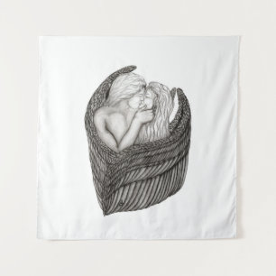 Angels Kissing , black and white Design Tapestry