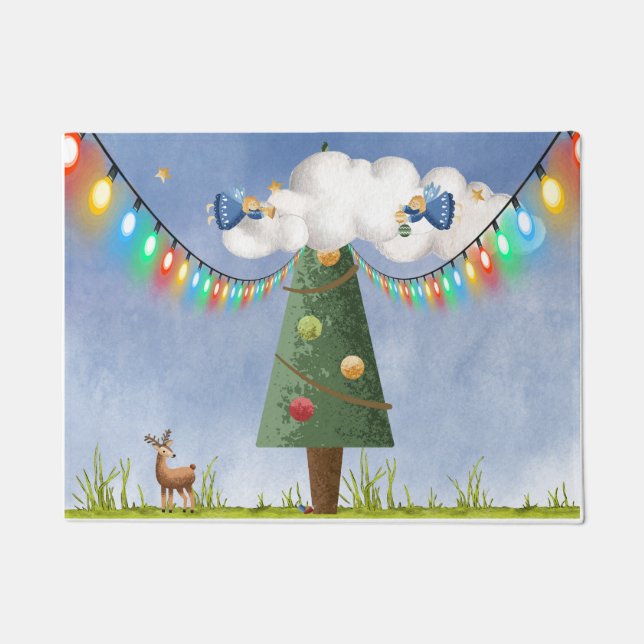 Angels on High Decorating Christmas Tree   Doormat (Front)