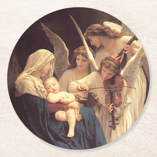 Angels Serenade Mary and Jesus Round Paper Coaster (Front)