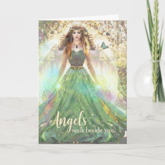 Angels Walk Beside You Healing Green Forest Angel Card (Front)