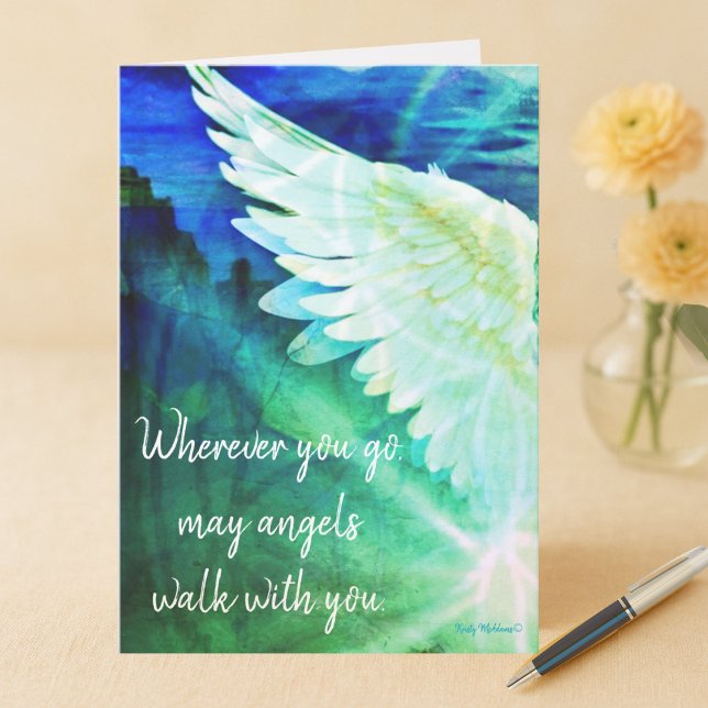 Angels Walk With You Guardian Angel Blue Wing Note Card (Angel note card blue green wing Wherever you go may angels walk with you quote art Kristy McAdams)