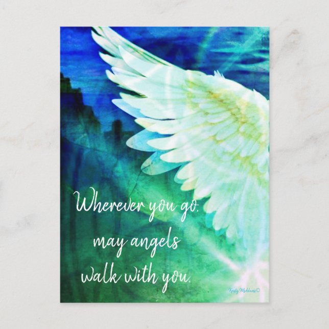 Angels Walk With You Guardian Angel Blue Wing Postcard (Front)