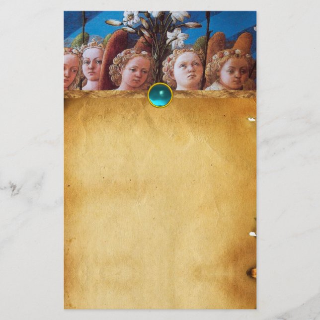 ANGELS WITH WHITE LILIES  Parchment Blue Sapphire Stationery (Front)