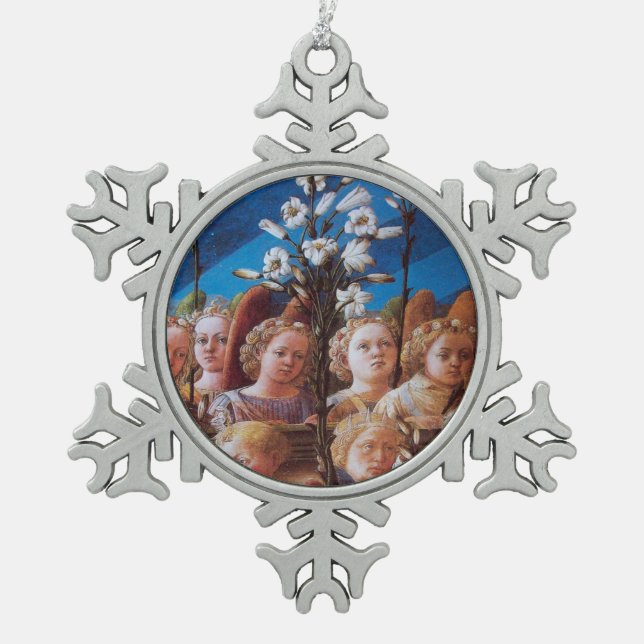 ANGELS WITH WHITE LILIES SNOWFLAKE PEWTER CHRISTMAS ORNAMENT (Front)
