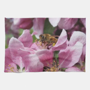 Angery Honey Bee On Pink Crabapple blossom Kitchen Towel